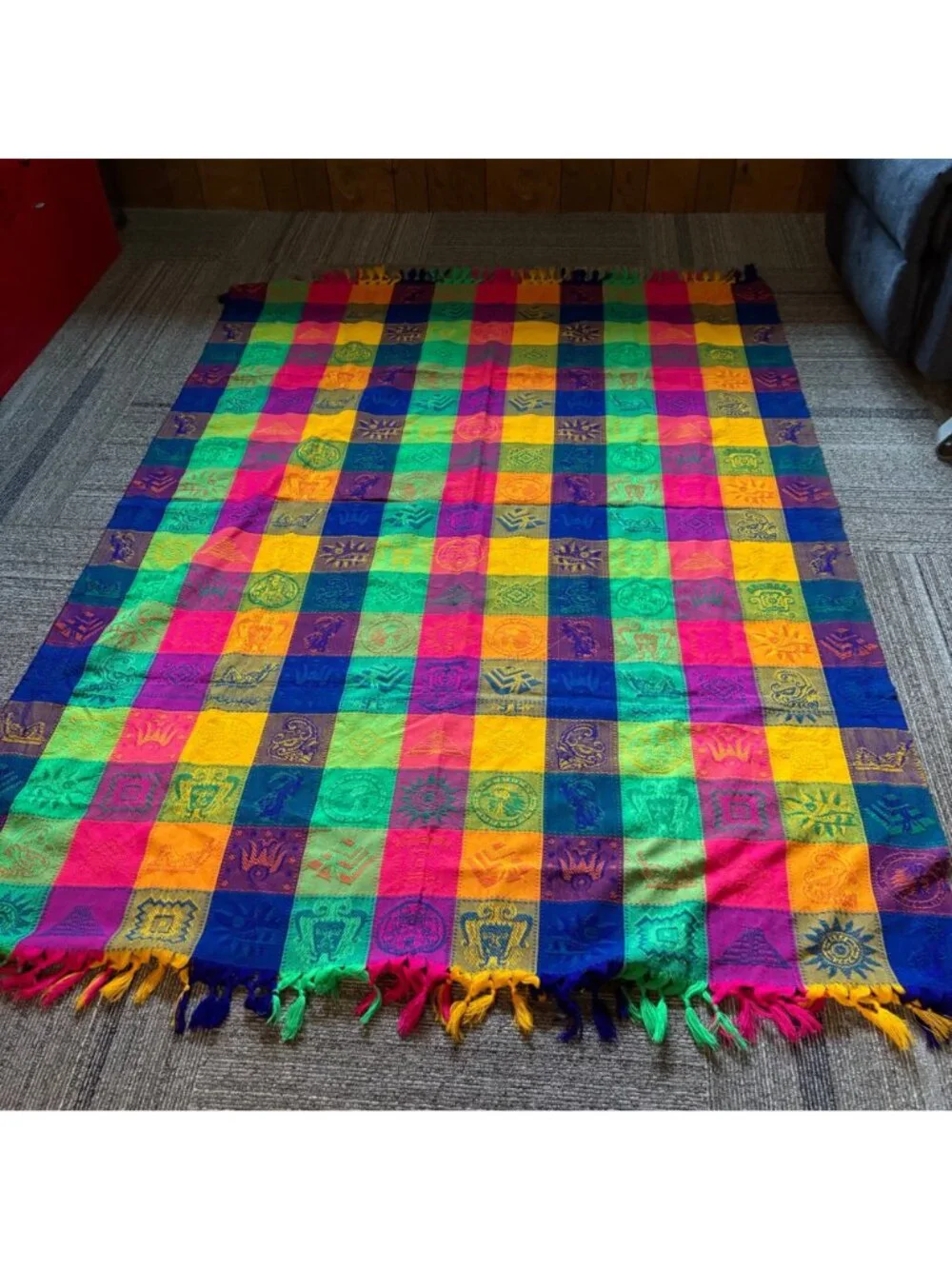 Mexican Woven Throw Colorful Aztec-Inspired Pattern Tassels 58.5 x 86 Tablecloth